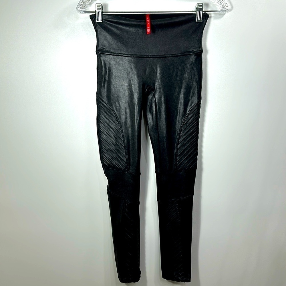 Spanx black faux leather Moto leggings size small petite